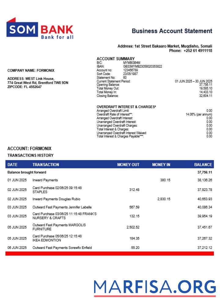 Printable Somali Sombank bank firm account statement Word and PDF template